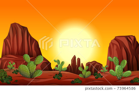 Desert with rock mountains and cactus landscape at sunset scene Desert with rock mountains and cactus landscape at sunset scene 73964586