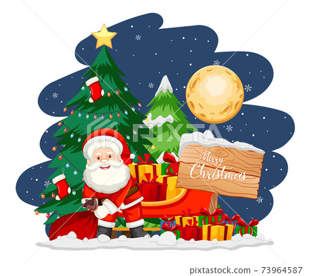 Santa Claus with christmas tree and snowman at night 73964587