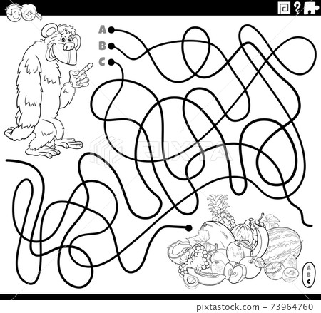 line maze with cartoon gorilla and fruits coloring book page 73964760