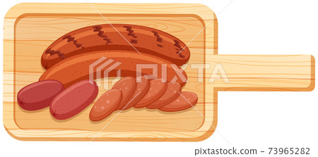 Many sausages are on cutting board in cartoon style isolated on white background 73965282