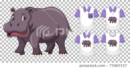 Hippopotamus in stand position cartoon character with many types of shirts on transparent background 73965557