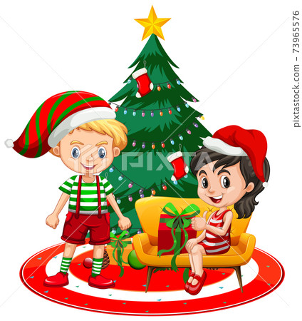 Children wear Christmas costume cartoon character with Christmas tree on white background Children wear Christmas costume cartoon character with Christmas tree on white background 73965576