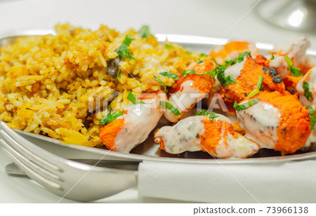 Pieces of cooked marinated chicken breast in an onion and tomato sauce with yogurt and mint and crispy fried onions layered with spiced basmati rice 73966138