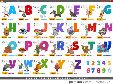 alphabet with cartoon characters and objects... - Stock Illustration ...