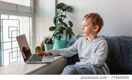Little school boy having video call, online class on laptop during covid quarantine lockdown. 73969000
