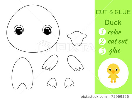 Coloring book cut and glue baby duck. Educational paper game for preschool children. Cut and Paste Worksheet. Color, cut parts and glue on paper. Vector illustration. 73969336