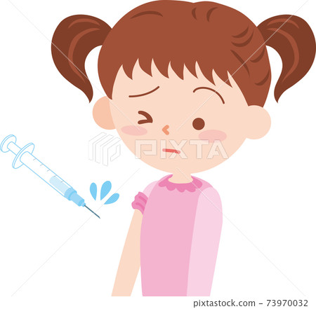 Girl getting an injection in her right arm Girl getting an injection in her right arm 73970032