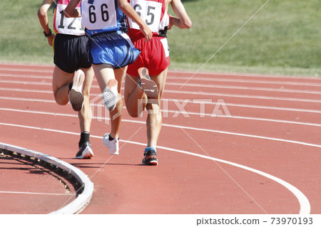 The back view of the athlete running at the athletics stadium, the face cannot be seen 73970193