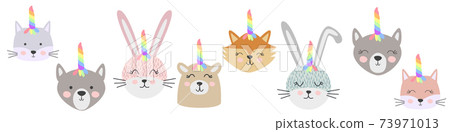 Set of cute funny animals with unicorn horns. Scandinavian style flat design. Concept for children print. Cat, wolf, bear, fox, rabbit Set of cute funny animals with unicorn horns. Scandinavian style flat design. Concept for children print. Cat, wolf, bear, fox, rabbit 73971013