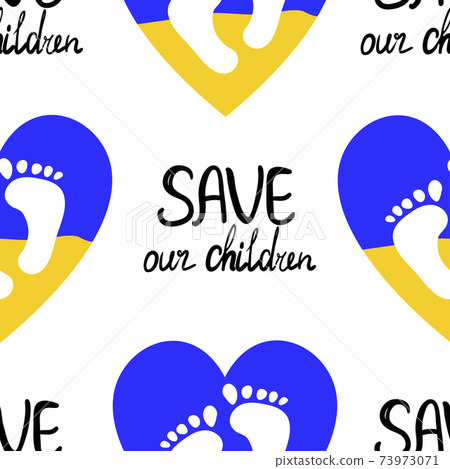 Child protection and flag Ukraine heart icon isolated on white background. Save our children text. Concept of protect child seamless pattern for save child. Vector 73973071