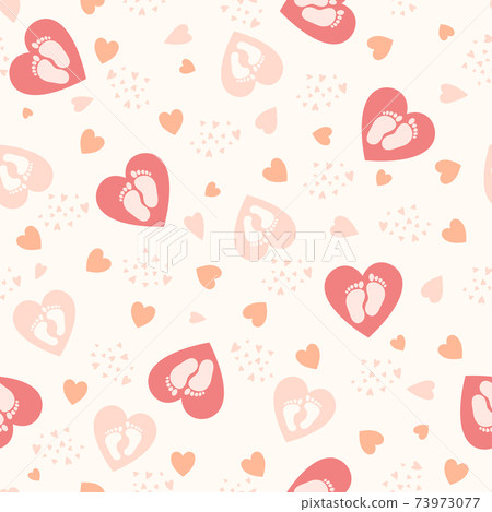 Cute background with hearts and baby feet for baby design. Pastel colors, pink shades. Vector 73973077