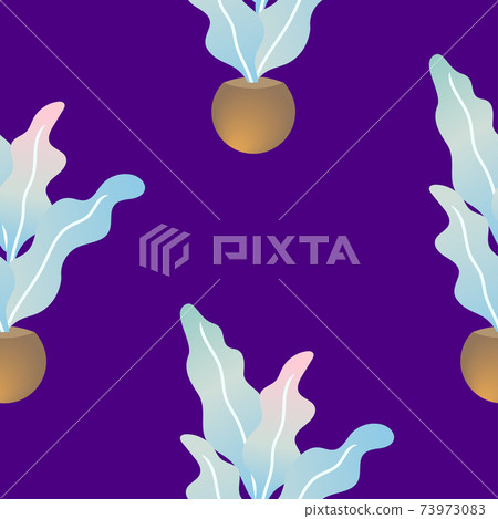 Seamless repeating pattern featuring organic leaves and geometric flowerpts shapes on purple background. Perfect for fabric design, packaging and branding projects, art prints, wallpaper and wrapping 73973083