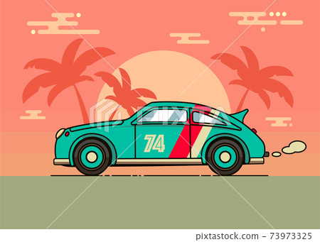 70's, 80's retro vintage illustration of a old car on the beach. Fashionable poster simple graphic old style with sunset, old-fashioned racing car and palm trees. Easy editable template. Vector. 73973325