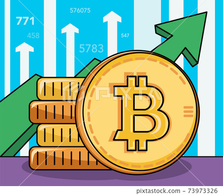 Modern trend illustration of bitcoin and cryptocurrency growth. A bullish wave in the cryptocurrency market. The rise in the price of bitcoin picture. Yellow coin and green arrow. Vector. Modern trend illustration of bitcoin and cryptocurrency growth. A bullish wave in the cryptocurrency market. The rise in the price of bitcoin picture. Yellow coin and green arrow. Vector. 73973326