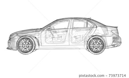 Transparent super fast sports car delineated lines on a white background. Body shape sedan. Tuning is a version of an ordinary family car. 3d rendering. 73973714