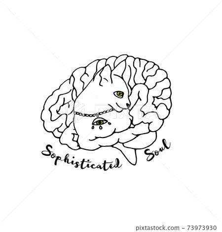 Cat silhouette inside brain with text sophisticated witch. Witchy magic illustration. 73973930