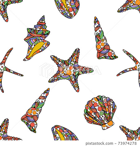 seamless zen art style pattern with starfish and conch shells on white background 73974278