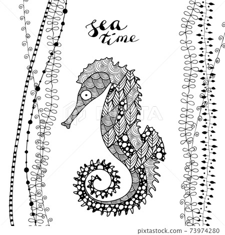 zen art style sea horse on with handwritten lettering sea time 73974280