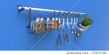 Kitchenware, dry bulk and live seasonings in pots hang on the wall. 3d rendering. 73974786