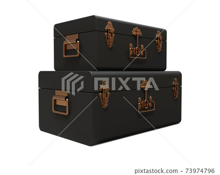 Set of two black leather suitcases with exquisite clasps. Classic premium design with centuries-old traditions. Modern new product in vintage style. 3d illustration. Set of two black leather suitcases with exquisite clasps. Classic premium design with centuries-old traditions. Modern new product in vintage style. 3d illustration. 73974796