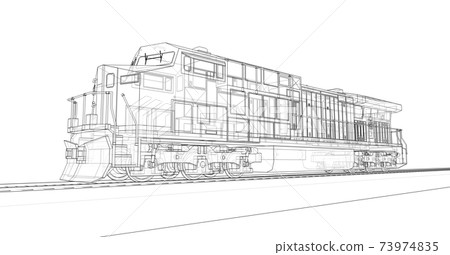 Modern diesel railway locomotive with great power and strength for moving long and heavy railroad train. 3d rendering. Modern diesel railway locomotive with great power and strength for moving long and heavy railroad train. 3d rendering. 73974835