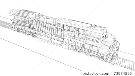 Modern diesel railway locomotive with great power and strength for moving long and heavy railroad train. 3d rendering. Modern diesel railway locomotive with great power and strength for moving long and heavy railroad train. 3d rendering. 73974836