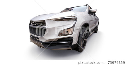 3D illustration of white concept cargo pickup truck on white isolated background. 3d rendering. 3D illustration of white concept cargo pickup truck on white isolated background. 3d rendering. 73974839
