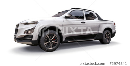 3D illustration of white concept cargo pickup truck on white isolated background. 3d rendering. 3D illustration of white concept cargo pickup truck on white isolated background. 3d rendering. 73974841