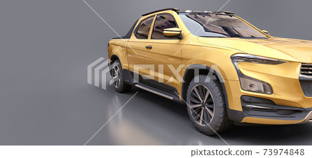 3D illustration of yellow concept cargo pickup truck on grey isolated background. 3d rendering. 73974848