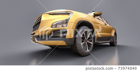 3D illustration of yellow concept cargo pickup truck on grey isolated background. 3d rendering. 3D illustration of yellow concept cargo pickup truck on grey isolated background. 3d rendering. 73974849