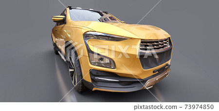 3D illustration of yellow concept cargo pickup truck on grey isolated background. 3d rendering. 3D illustration of yellow concept cargo pickup truck on grey isolated background. 3d rendering. 73974850