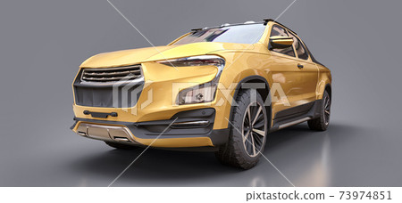 3D illustration of yellow concept cargo pickup truck on grey isolated background. 3d rendering. 73974851