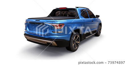 3D illustration of blue concept cargo pickup truck on white isolated background. 3d rendering. 3D illustration of blue concept cargo pickup truck on white isolated background. 3d rendering. 73974897