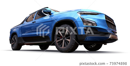 3D illustration of blue concept cargo pickup truck on white isolated background. 3d rendering. 3D illustration of blue concept cargo pickup truck on white isolated background. 3d rendering. 73974898