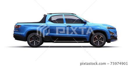 3D illustration of blue concept cargo pickup truck on white isolated background. 3d rendering. 3D illustration of blue concept cargo pickup truck on white isolated background. 3d rendering. 73974901