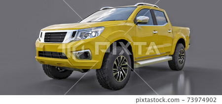 Yellow commercial vehicle delivery truck with a double cab. Machine without insignia with a clean empty body to accommodate your logos and labels. 3d rendering. 73974902
