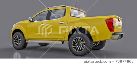 Yellow commercial vehicle delivery truck with a double cab. Machine without insignia with a clean empty body to accommodate your logos and labels. 3d rendering. Yellow commercial vehicle delivery truck with a double cab. Machine without insignia with a clean empty body to accommodate your logos and labels. 3d rendering. 73974903