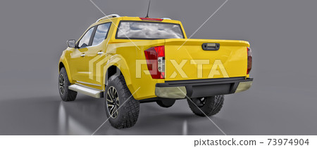 Yellow commercial vehicle delivery truck with a double cab. Machine without insignia with a clean empty body to accommodate your logos and labels. 3d rendering. 73974904