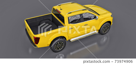 Yellow commercial vehicle delivery truck with a double cab. Machine without insignia with a clean empty body to accommodate your logos and labels. 3d rendering. 73974906
