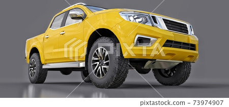 Yellow commercial vehicle delivery truck with a double cab. Machine without insignia with a clean empty body to accommodate your logos and labels. 3d rendering. Yellow commercial vehicle delivery truck with a double cab. Machine without insignia with a clean empty body to accommodate your logos and labels. 3d rendering. 73974907