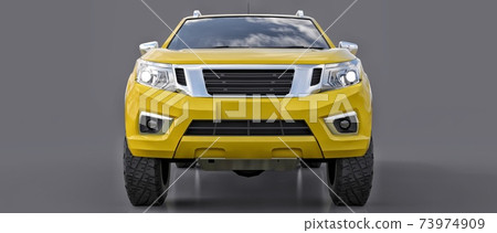 Yellow commercial vehicle delivery truck with a double cab. Machine without insignia with a clean empty body to accommodate your logos and labels. 3d rendering. Yellow commercial vehicle delivery truck with a double cab. Machine without insignia with a clean empty body to accommodate your logos and labels. 3d rendering. 73974909