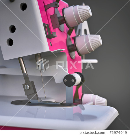 Pink overlock on a grey background. Equipment for sewing production. Sewing clothes and textiles. 3d illustration. 73974949