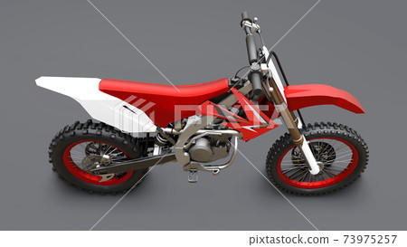 Red and white sport bike for cross-country on a gray background. Racing Sportbike. Modern Supercross Motocross Dirt Bike. 3D Rendering. 73975257