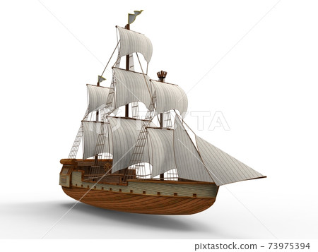 Three-dimensional raster illustration of an ancient sailing ship on a white background with soft shadows. 3d rendering. 73975394