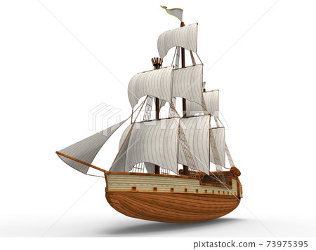 Three-dimensional raster illustration of an ancient sailing ship on a white background with soft shadows. 3d rendering. 73975395