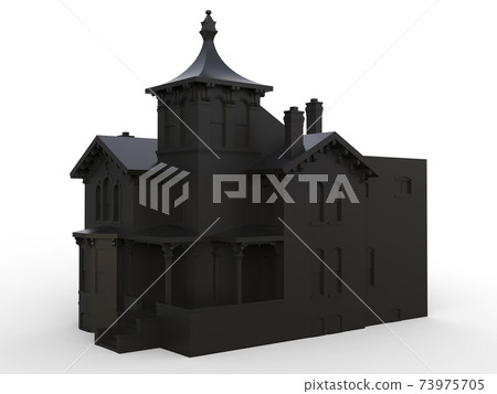 Black old house in Victorian style. Illustration on white background. Species from different sides. 3d rendering. 73975705
