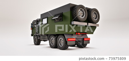 Big green truck prepared for long and challenging expeditions in remote areas. Truck with a house on wheels. 3d illustration. 73975809