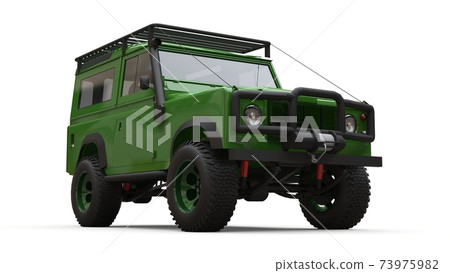 Green old small SUV tuned for difficult routes and expeditions. 3d rendering. Green old small SUV tuned for difficult routes and expeditions. 3d rendering. 73975982