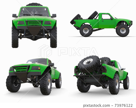 Set most prepared green sports race truck for the desert terrain. 3d illustration. Set most prepared green sports race truck for the desert terrain. 3d illustration. 73976122