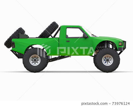 Most prepared green sports race truck for the desert terrain. 3d illustration. 73976124